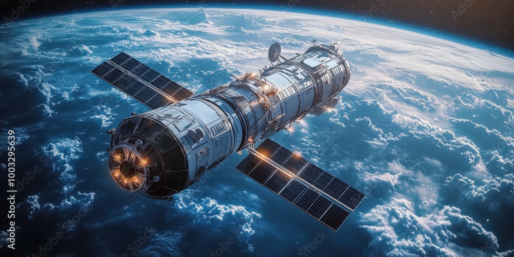 Futuristic Space Station with Hydrogen Tanks and Solar Panels in Orbit Futuristic Space Station with Hydrogen Tanks and Solar Panels in Orbit