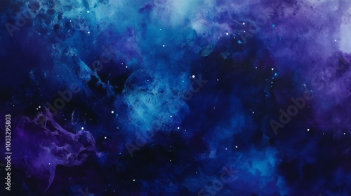 A vast expanse of outer space showcases a mystical universe shrouded in fog, with swirling colors of deep blue and purple interspersed with shimmering stars photo