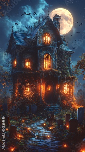 Cartoon Halloween haunted house at night