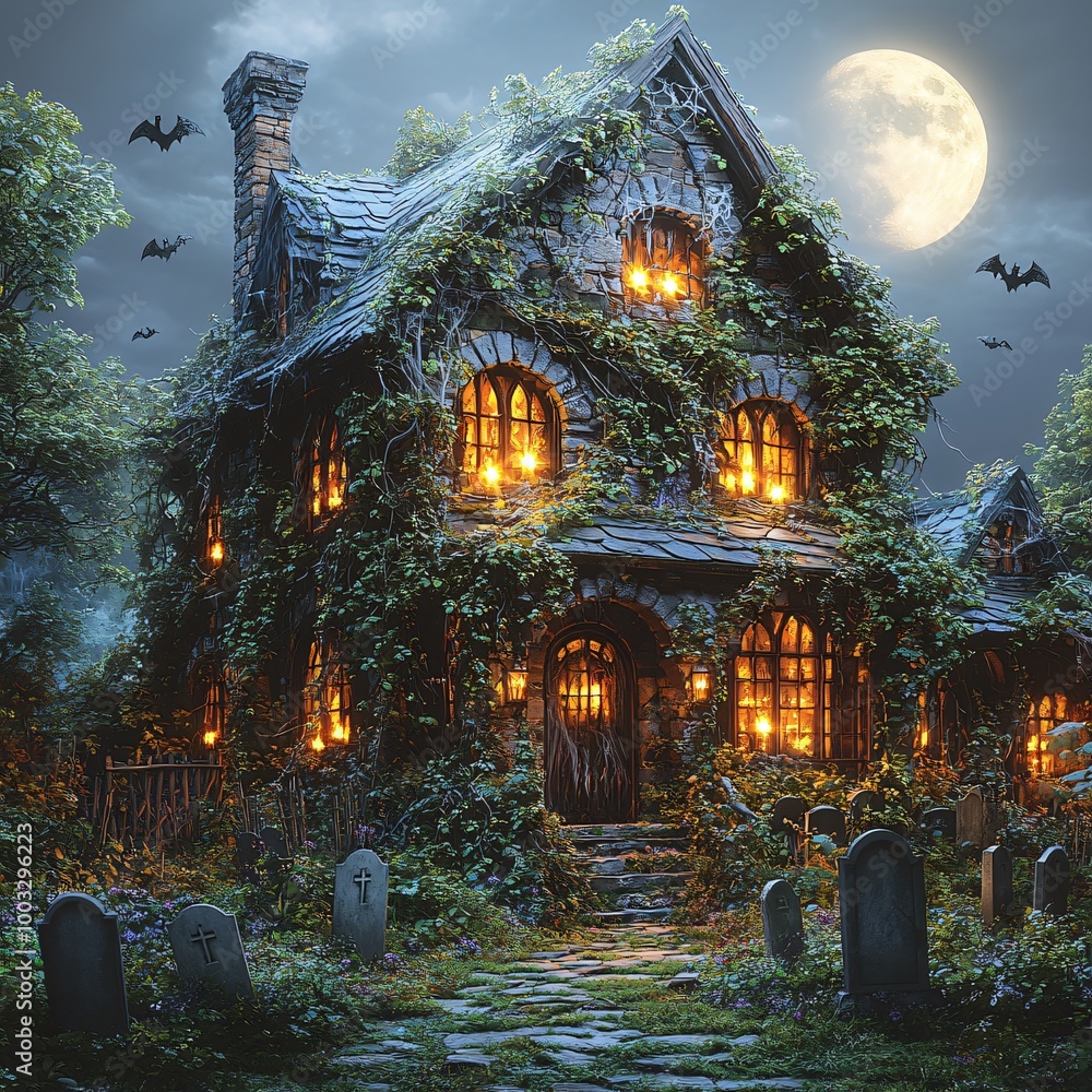 Naklejka premium Cartoon Halloween haunted house at night