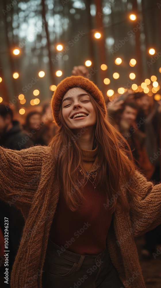 fun woman with her arms open at an outdoor winter party, highlighting warm lights and a positive attitude