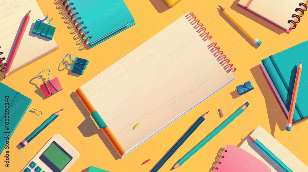 Flat Lay of Stationery Supplies on Bright Background Flat Lay of Stationery Supplies on Bright Background