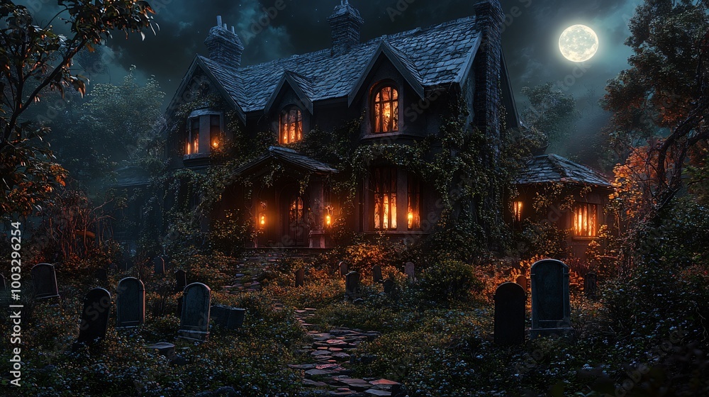 Fototapeta premium Cartoon Halloween haunted house at night