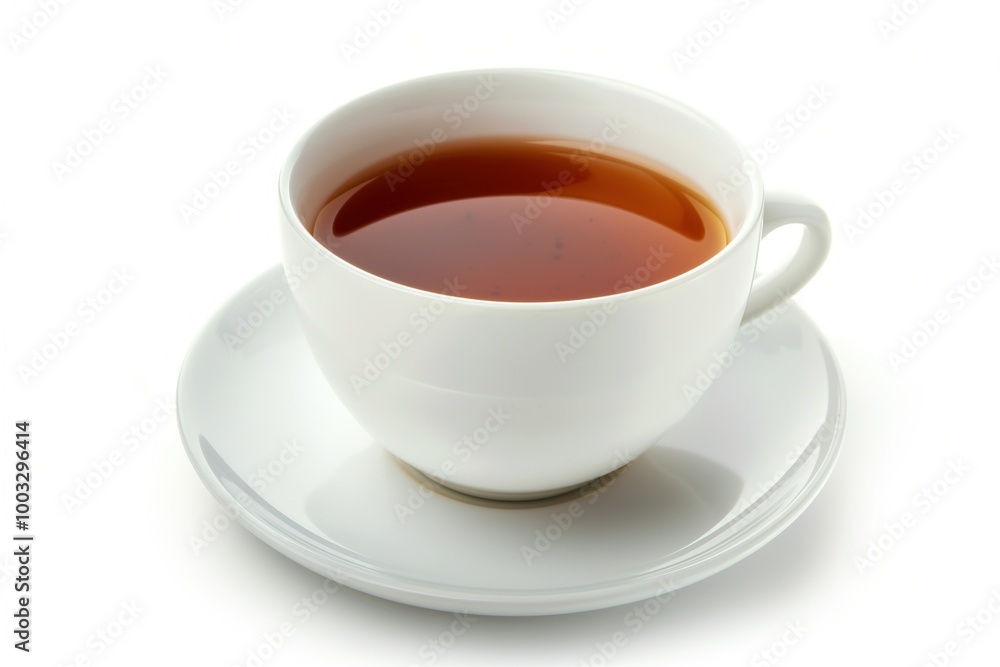 Close-up of a single cup of tea on a white background. Ceramic mug with a floral design, a black teabag, and a saucer. Tea is a popular breakfast beverage, hot drink for relaxation. Close-up of a single cup of tea on a white background. Ceramic mug with a floral design, a black teabag, and a saucer. Tea is a popular breakfast beverage, hot drink for relaxation.