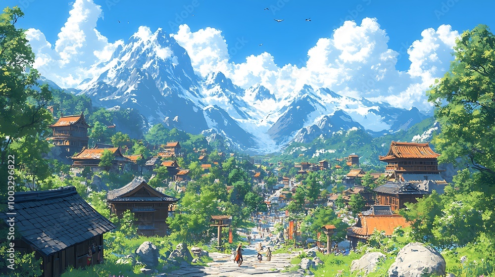 Beautiful mountain village with snow capped peaks in background Beautiful mountain village with snow capped peaks in background