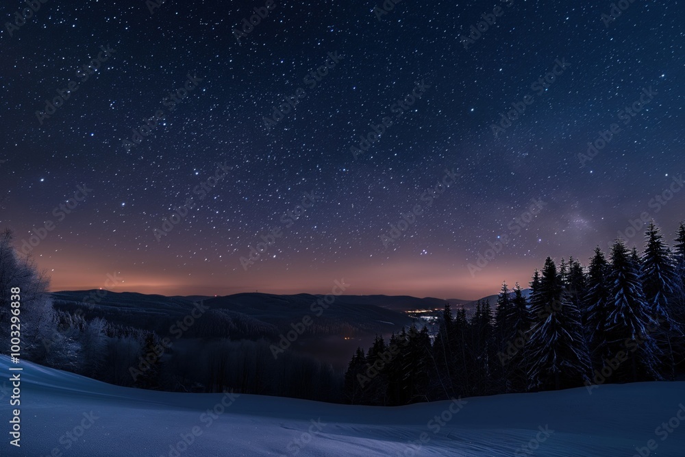Dark sky with shiny stars over Carpathian mountains in winter night. Frosty forest with snow-covered pine trees. Icy landscape with frosty ground, tree branches. Scenic view of winter wonderland in Dark sky with shiny stars over Carpathian mountains in winter night. Frosty forest with snow-covered pine trees. Icy landscape with frosty ground, tree branches. Scenic view of winter wonderland in