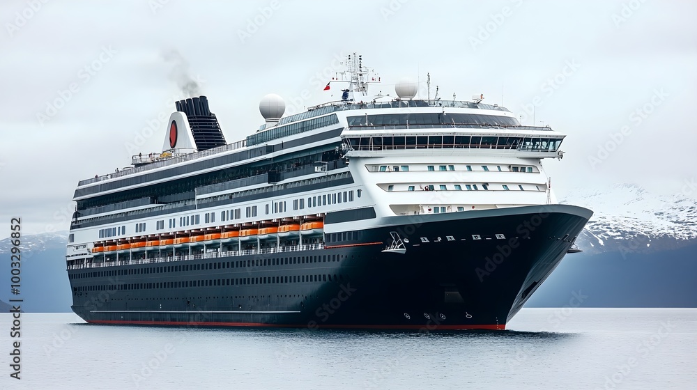 a large cruise ship on the water, viewed from the front and slightly to the side. The ship is painted in dark colors with a white superstructure and has multiple decks with rows of windows. a large cruise ship on the water, viewed from the front and slightly to the side. The ship is painted in dark colors with a white superstructure and has multiple decks with rows of windows.