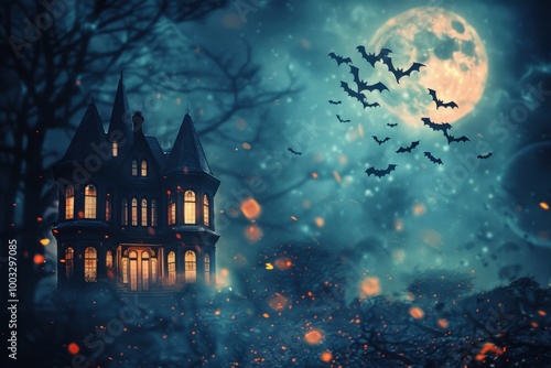 A haunted house with bats flying around it generative ai