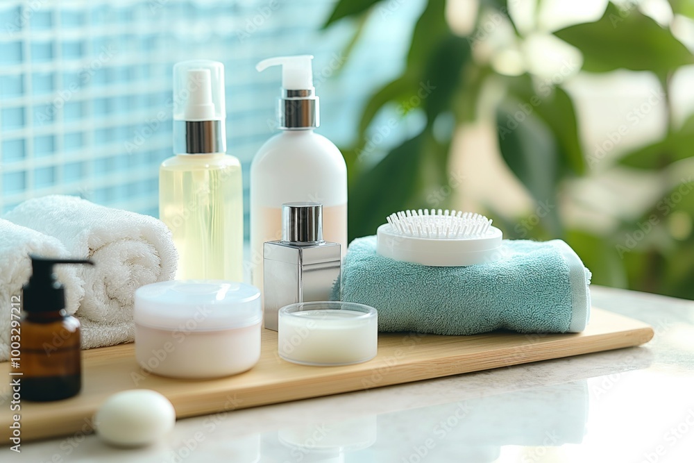 Personal hygiene set on table with various cosmetics for body and hair care. Bottles, jars, and brushes for shampoo, gel, and other treatments. Clean and natural products for skin and hair care. Personal hygiene set on table with various cosmetics for body and hair care. Bottles, jars, and brushes for shampoo, gel, and other treatments. Clean and natural products for skin and hair care.