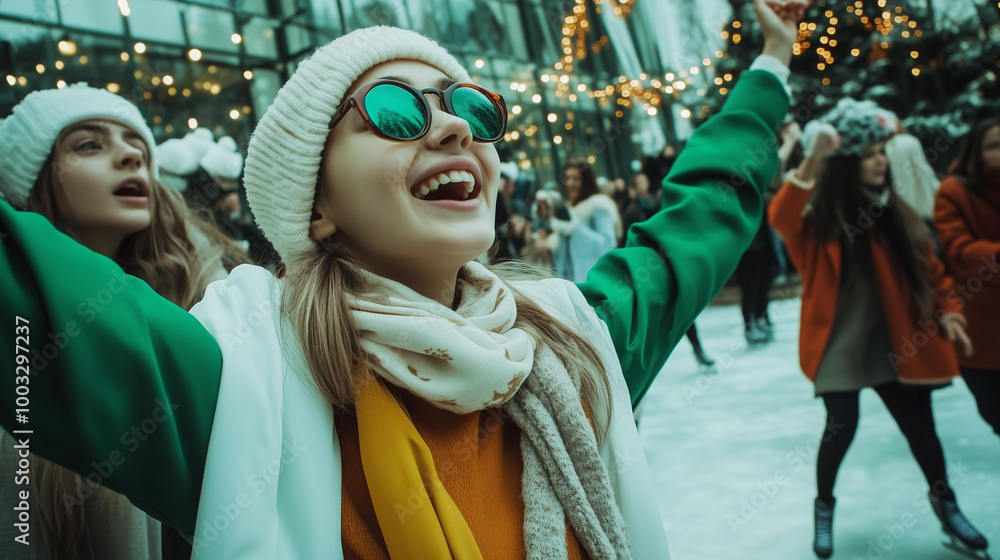 young girl in a green winter outfit with her arms open at an outdoor Christmas party, highlighting her free and happy lifestyle