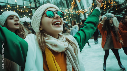 Obraz na płótnie young girl in a green winter outfit with her arms open at an outdoor Christmas party, highlighting her free and happy lifestyle w salonie