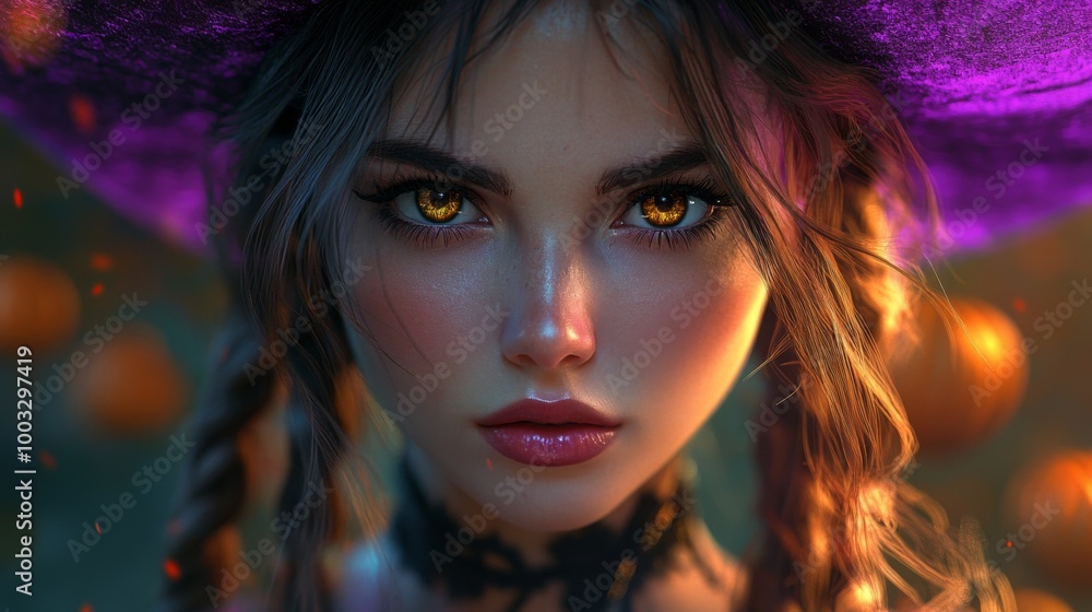 Enchanting Witch in Autumn Setting with Pumpkins and Magical Atmosphere Enchanting Witch in Autumn Setting with Pumpkins and Magical Atmosphere