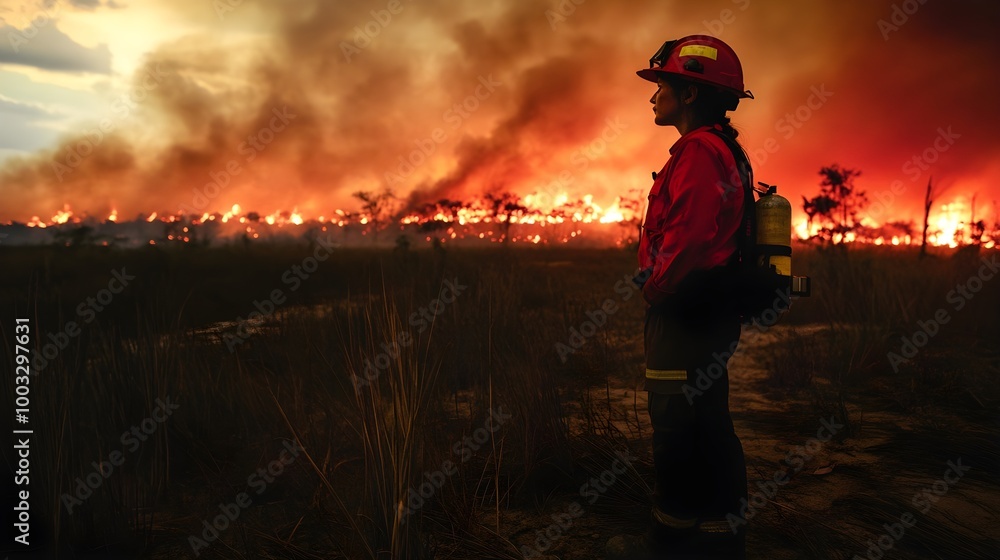 a dramatic scene of a large wildfire. In the foreground, there is a firefighter wearing protective gear, including a helmet and a backpack, standing and looking towards the fire a dramatic scene of a large wildfire. In the foreground, there is a firefighter wearing protective gear, including a helmet and a backpack, standing and looking towards the fire