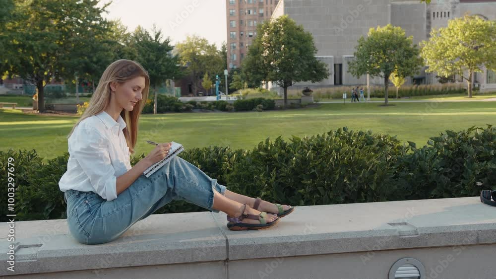 Smiling woman writing diary holding pen in urban area. Attractive girl creating essay in copybook sitting on a street. Smiling woman writing diary holding pen in urban area. Attractive girl creating essay in copybook sitting on a street.