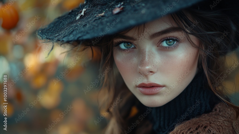 Enchanting Witch in Autumn Setting with Pumpkins and Magical Atmosphere Enchanting Witch in Autumn Setting with Pumpkins and Magical Atmosphere