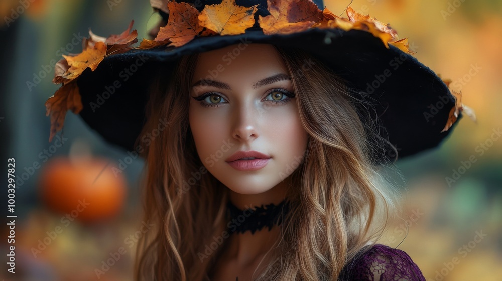 Enchanting Witch in Autumn Setting with Pumpkins and Magical Atmosphere Enchanting Witch in Autumn Setting with Pumpkins and Magical Atmosphere