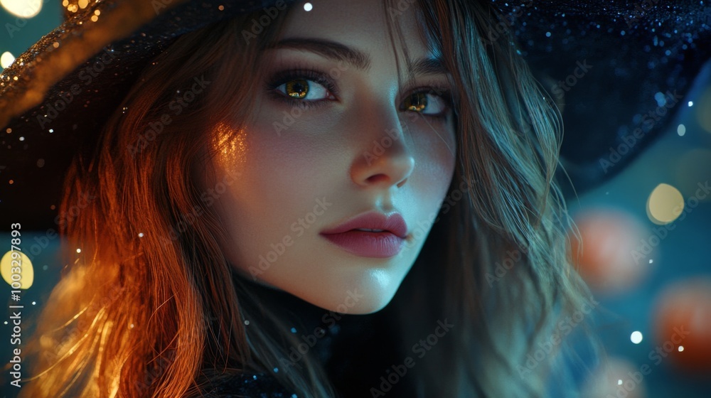 Enchanting Witch in Autumn Setting with Pumpkins and Magical Atmosphere Enchanting Witch in Autumn Setting with Pumpkins and Magical Atmosphere