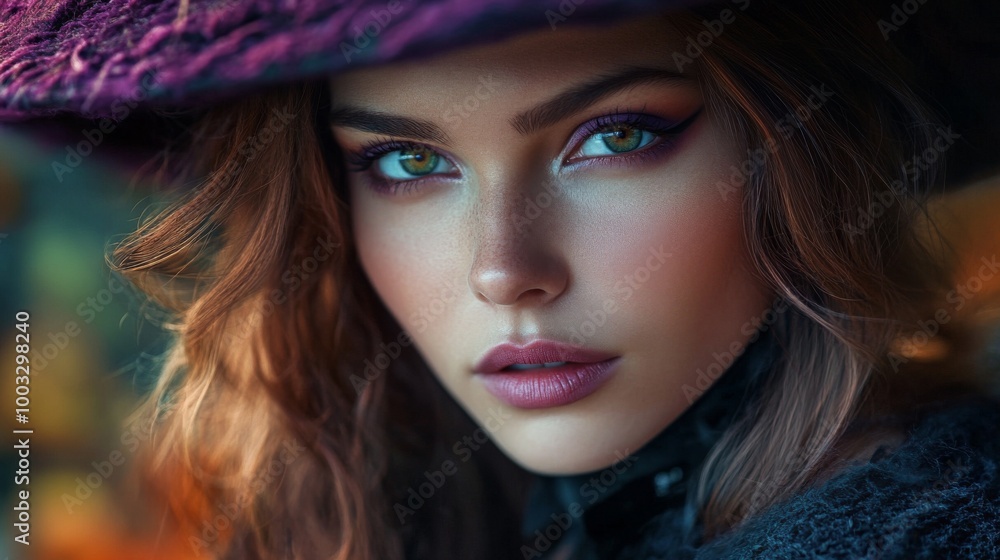 Enchanting Witch in Autumn Setting with Pumpkins and Magical Atmosphere Enchanting Witch in Autumn Setting with Pumpkins and Magical Atmosphere
