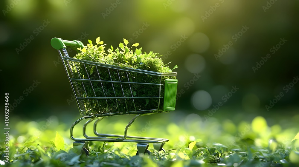 A vibrant shopping cart filled with lush green plants, symbolizing sustainable shopping and eco-friendly lifestyle choices. A vibrant shopping cart filled with lush green plants, symbolizing sustainable shopping and eco-friendly lifestyle choices.