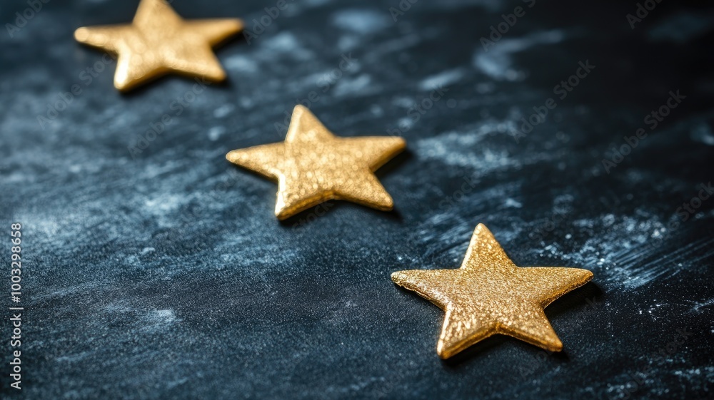 Three gold stars on dark, textured background Three gold stars on dark, textured background