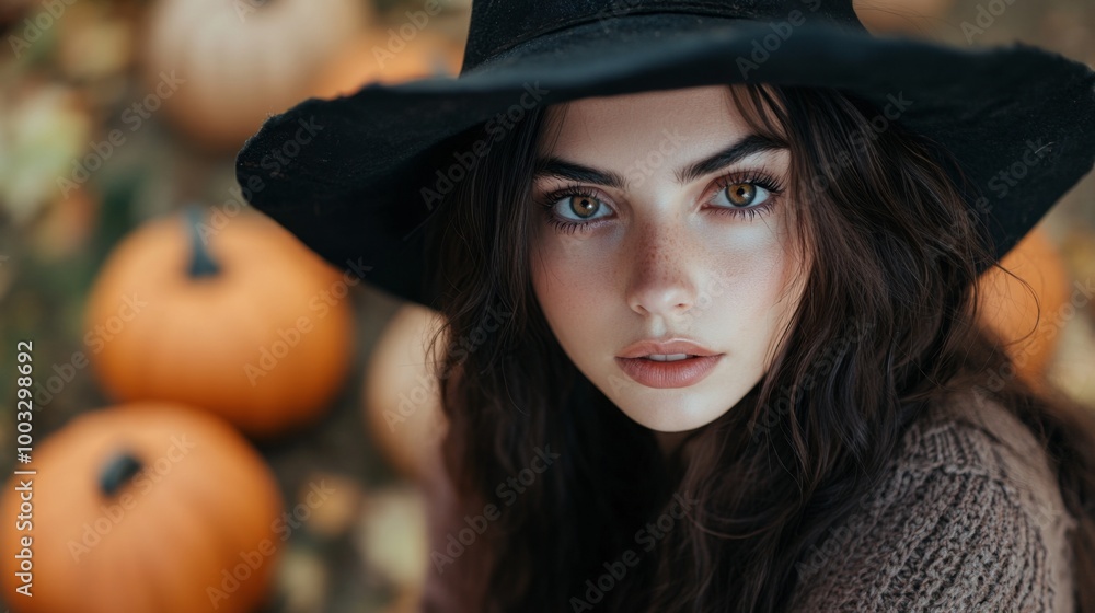 Enchanting Witch in Autumn Setting with Pumpkins and Magical Atmosphere Enchanting Witch in Autumn Setting with Pumpkins and Magical Atmosphere
