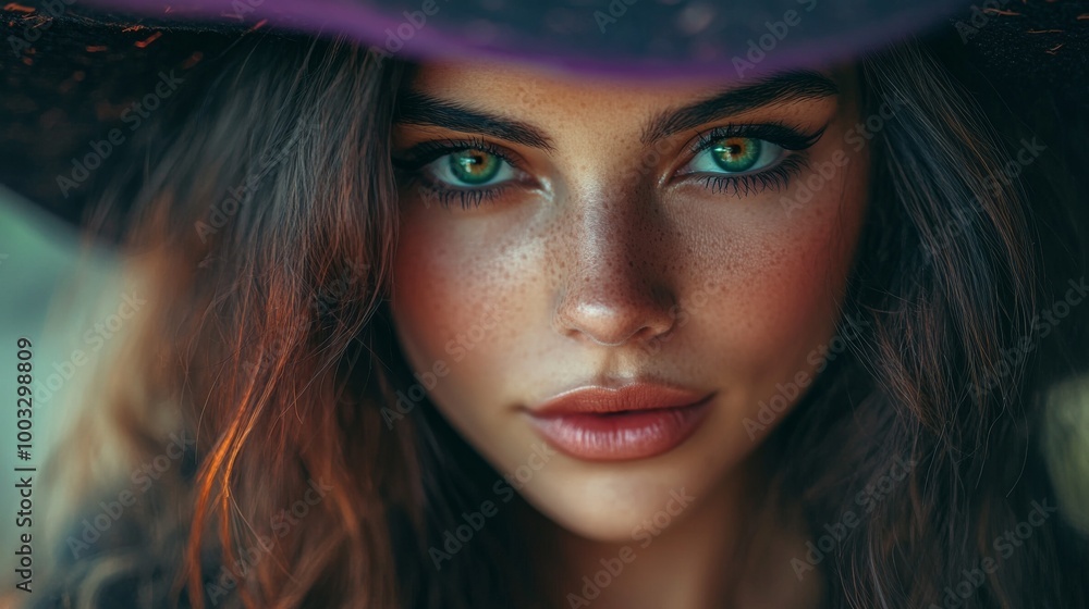 Enchanting Witch in Autumn Setting with Pumpkins and Magical Atmosphere Enchanting Witch in Autumn Setting with Pumpkins and Magical Atmosphere