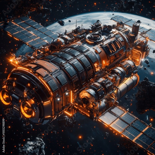 Futuristic Space Station with Hydrogen Tanks and Solar Panels in Orbit