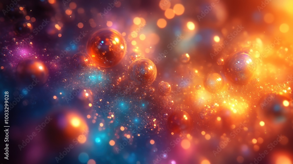Colorful Cosmic Scene With Floating Spheres And Glowing Particles Colorful Cosmic Scene With Floating Spheres And Glowing Particles