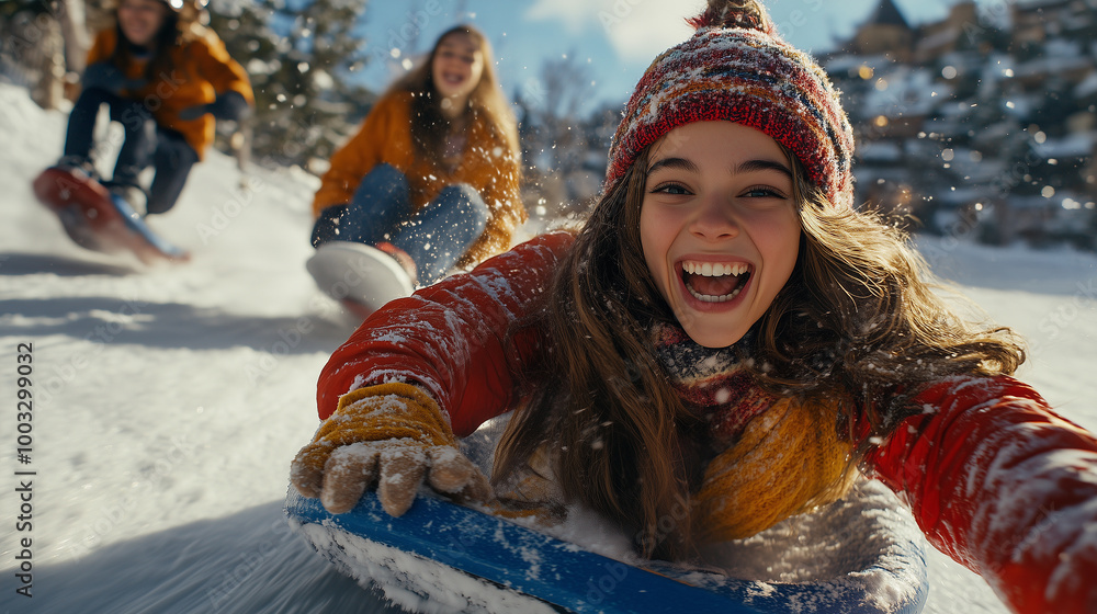fun young girl playing in the snow on a sled during winter outdoor adventures