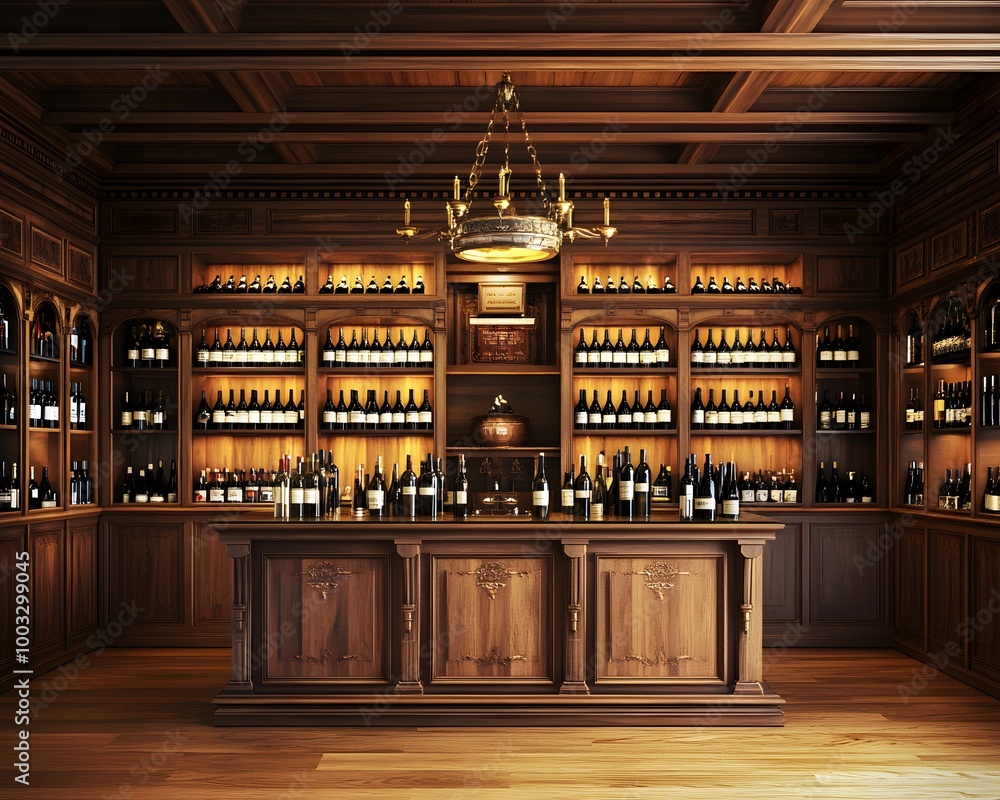 Elegant wooden bar interior with wine bottles on shelves, showcasing a warm and inviting atmosphere for connoisseurs. Elegant wooden bar interior with wine bottles on shelves, showcasing a warm and inviting atmosphere for connoisseurs.