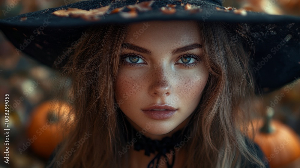 Enchanting Witch in Autumn Setting with Pumpkins and Magical Atmosphere Enchanting Witch in Autumn Setting with Pumpkins and Magical Atmosphere