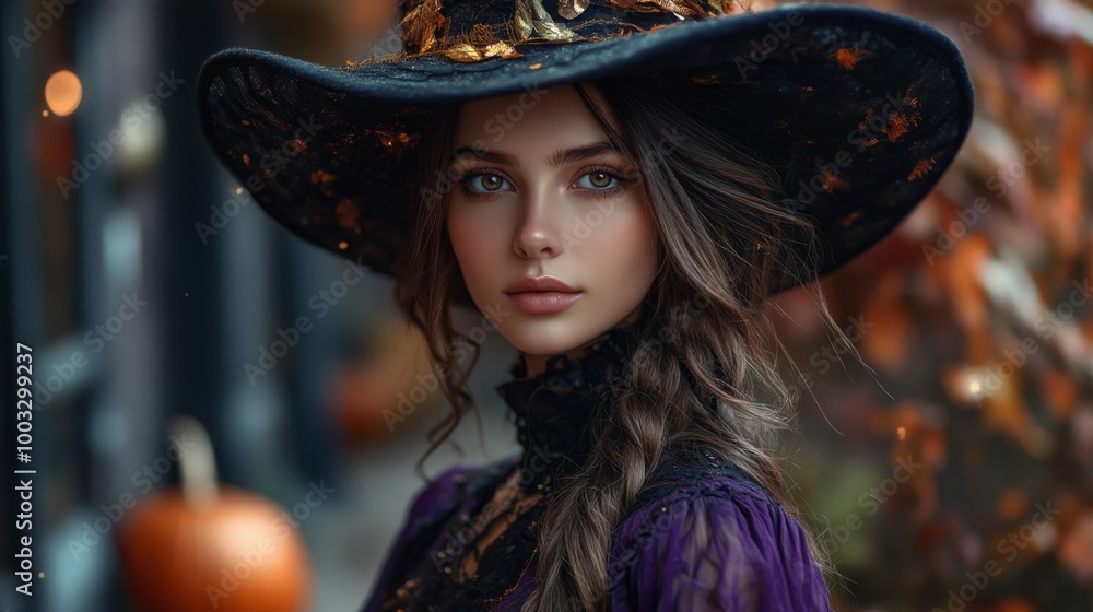Enchanting Witch in Autumn Setting with Pumpkins and Magical Atmosphere Enchanting Witch in Autumn Setting with Pumpkins and Magical Atmosphere