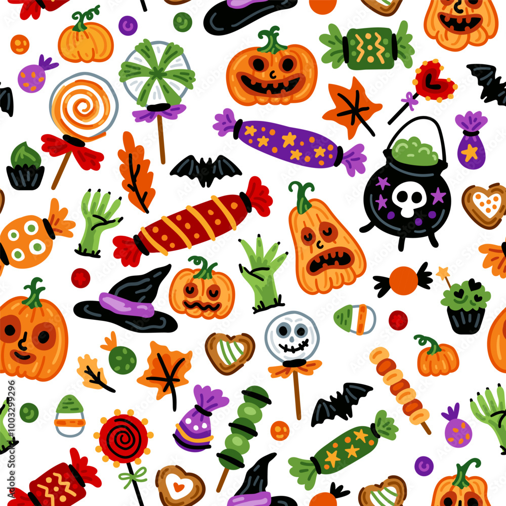 Seamless pattern of Halloween characters pumpkin and sweets with trick or treat candies. Many types spooky dessert. Seamless pattern of Halloween characters pumpkin and sweets with trick or treat candies. Many types spooky dessert.