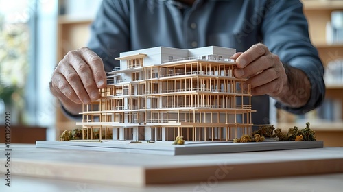 Structural Engineer Hands adjusting a model of a building framework, Structural Engineer, scale modeling and analysis