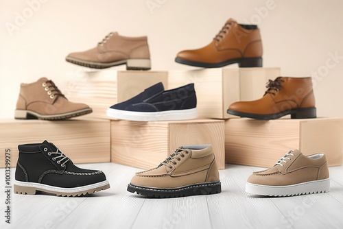 Multiple male shoes on background. Casual, elegant, sportive footwear designs in various styles. Leather, wooden shoes in different colors, patterns. Comfortable, stylish shoes for casual attire. photo