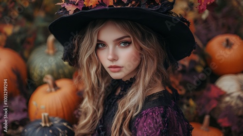 Enchanting Witch in Autumn Setting with Pumpkins and Magical Atmosphere