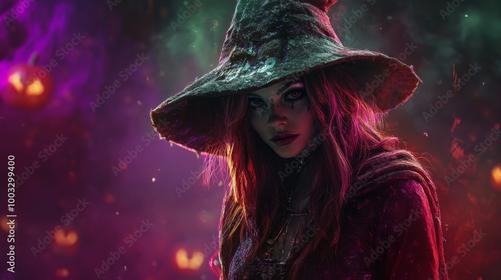 Enchanting Witch in Autumn Setting with Pumpkins and Magical Atmosphere Enchanting Witch in Autumn Setting with Pumpkins and Magical Atmosphere