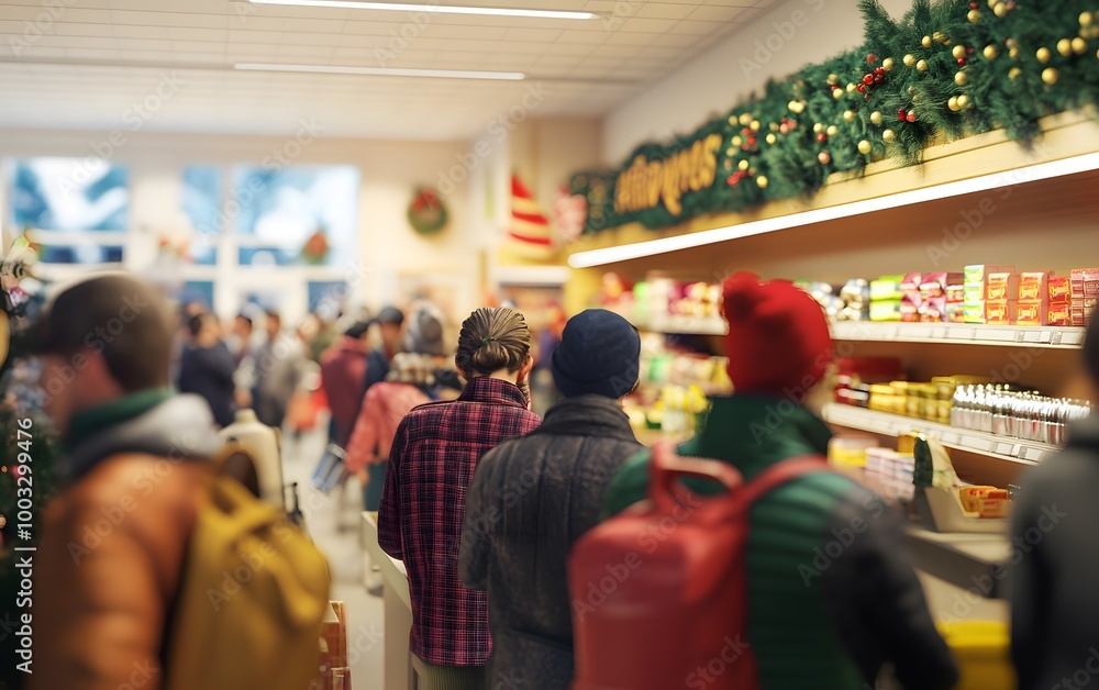 Fototapeta premium A bustling store during the holiday season, filled with customers shopping amidst festive decorations and vibrant displays.