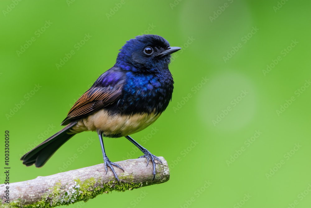Naklejka premium A vibrant, small bird with dark blue and brown feathers perched on a mossy branch against a bright green background