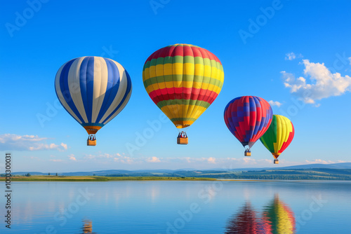 Colorful hot air balloons flying over calm lake