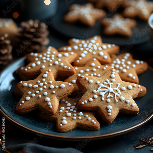 Star-Shaped Gingerbread Cookies with White Icing - Food Photography