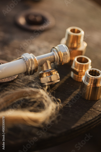 Brass plumbing fittings and PEX pipe fittings lying on an old wooden countertop, next to a tool, plumbing wrenches (selective focus)