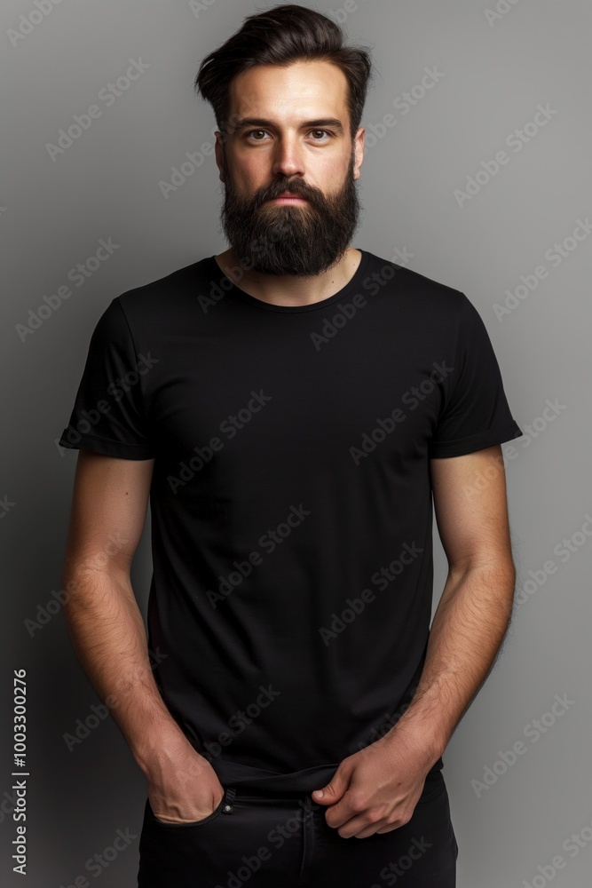 Bearded young man wears basic black cotton t-shirt on grey background. Simple, stylish, and trendy outfit for casual wear. Minimalistic design with focus on model facial features. Bearded young man wears basic black cotton t-shirt on grey background. Simple, stylish, and trendy outfit for casual wear. Minimalistic design with focus on model facial features.