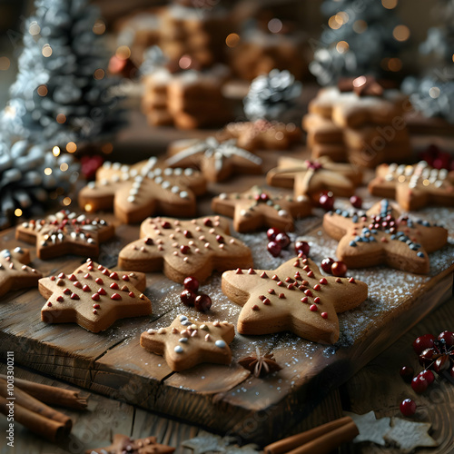 Festive Star Shaped Christmas Cookies on Rustic Wooden Board