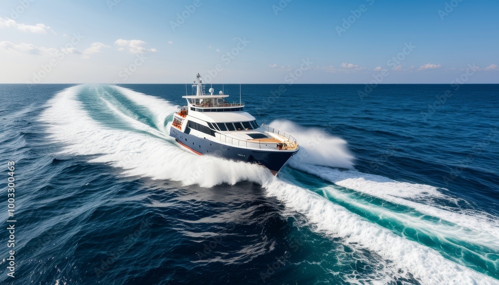 Naklejka premium The Ship Leaves a Wake at Sea with Waves Splashing Behind