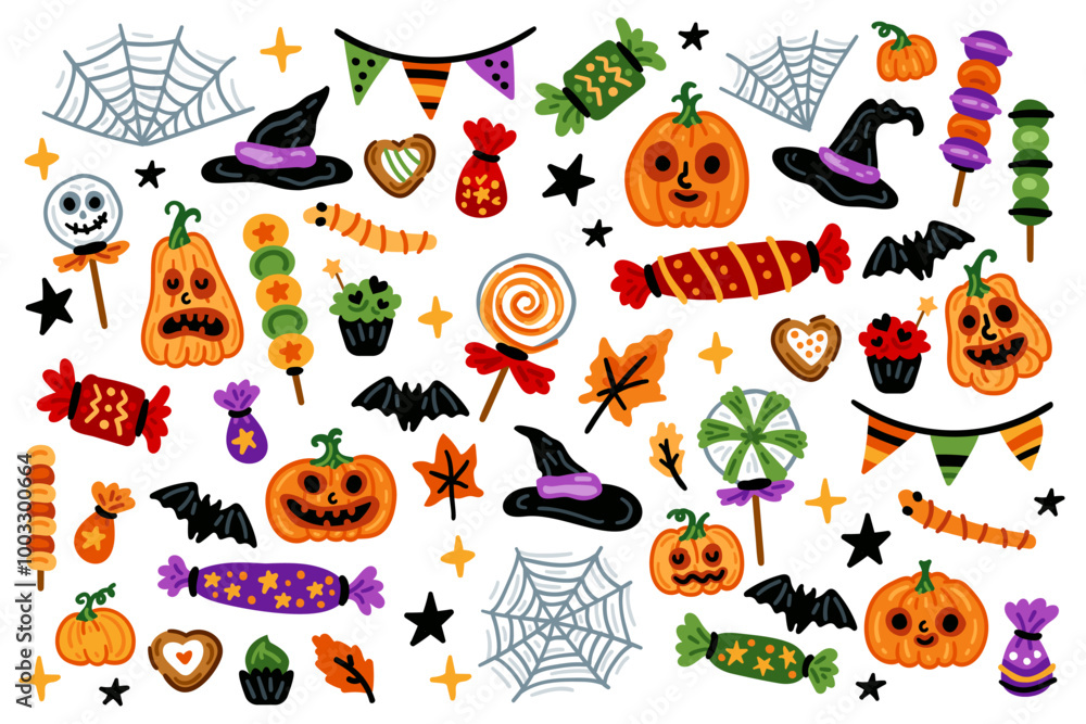 Naklejka premium Set of Halloween characters pumpkin and sweets with trick or treat candies. Many types spooky dessert.