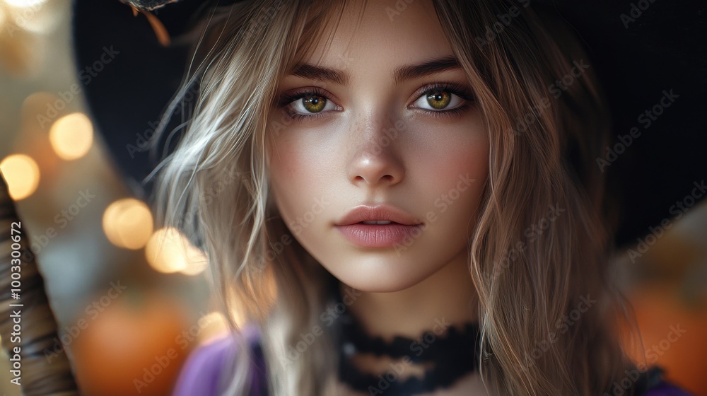 Enchanting Witch in Autumn Setting with Pumpkins and Magical Atmosphere Enchanting Witch in Autumn Setting with Pumpkins and Magical Atmosphere