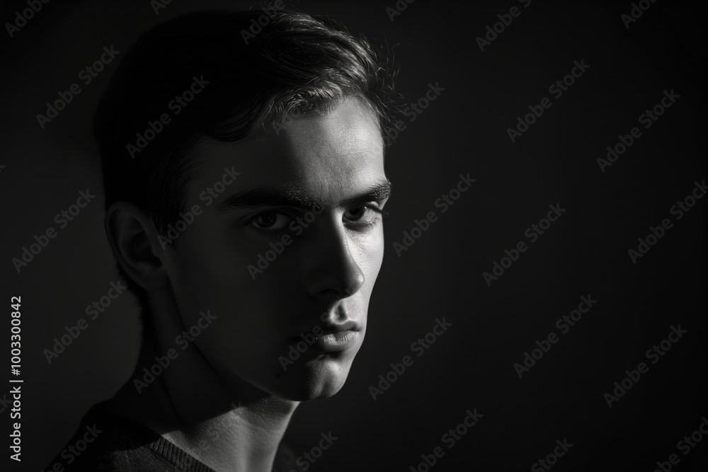 Young man in casual attire on dark background with black, white effect. Serious facial expression, stylish hairstyle. Fashionable clothes, trendy style, photogenic model. Caucasion male, adult, Young man in casual attire on dark background with black, white effect. Serious facial expression, stylish hairstyle. Fashionable clothes, trendy style, photogenic model. Caucasion male, adult,