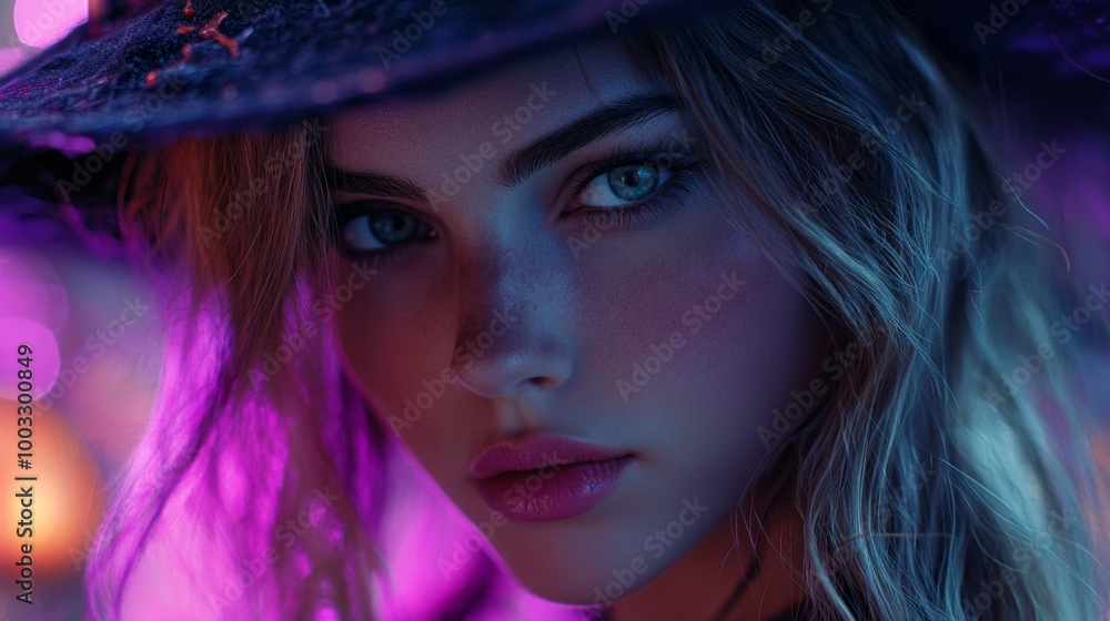 Enchanting Witch in Autumn Setting with Pumpkins and Magical Atmosphere Enchanting Witch in Autumn Setting with Pumpkins and Magical Atmosphere