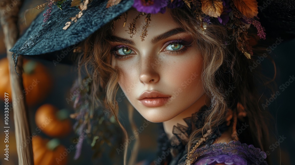 Enchanting Witch in Autumn Setting with Pumpkins and Magical Atmosphere Enchanting Witch in Autumn Setting with Pumpkins and Magical Atmosphere